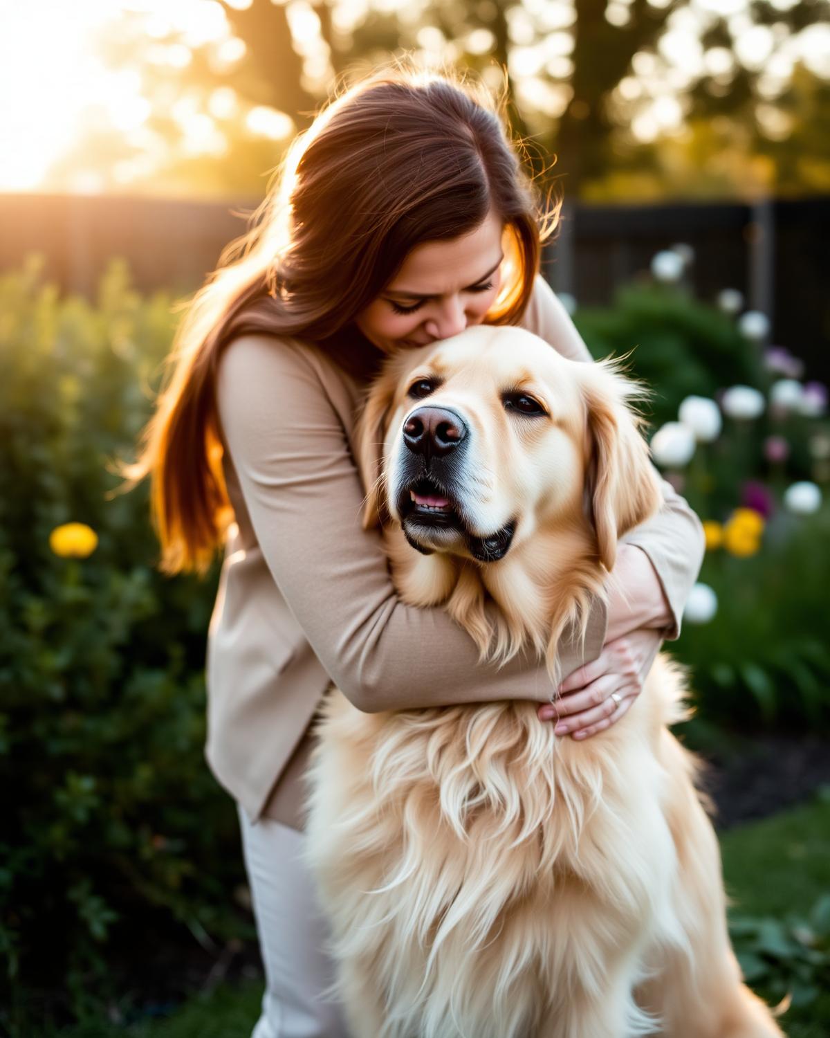 A woman gently hugging her senior golden retriever in a sunlit garden
